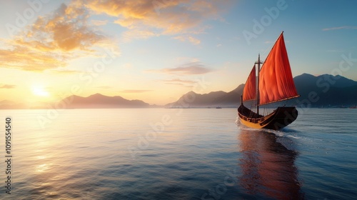 Majestic Junk Ship Sailing at Sunset