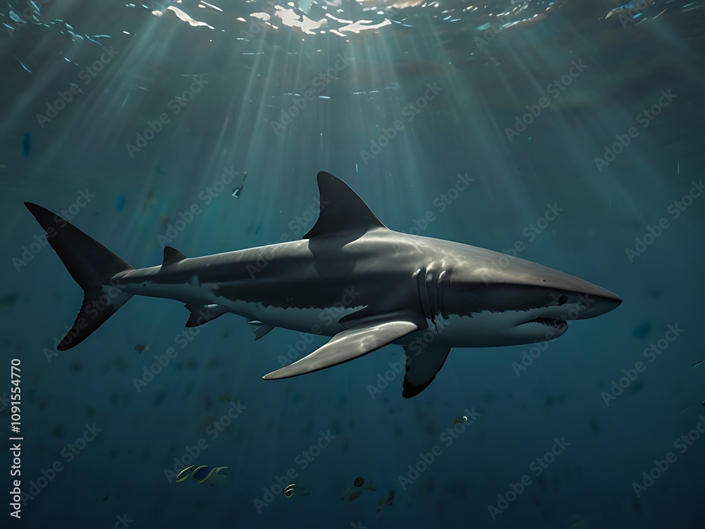 Obraz premium Majestic Great White Shark Underwater, Sunbeams illuminate a powerful great white shark gracefully gliding through the ocean depths, surrounded by smaller fish. A breathtaking underwater scene.