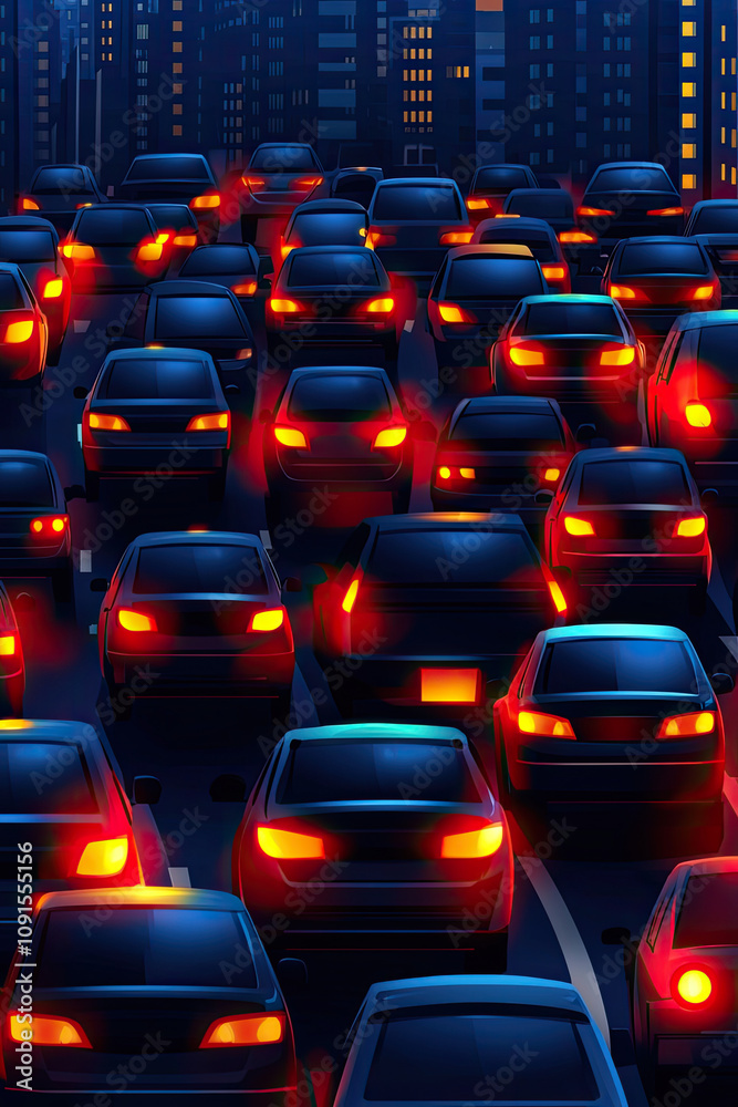 Obraz premium A busy urban street filled with cars, showcasing red brake lights against a backdrop of tall buildings at night.