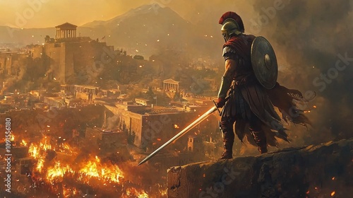 An epic scene depicting a Spartan warrior gazing over an ancient city engulfed in flames, set against a dramatic sunset and mountainous backdrop, evoking themes of bravery and conflict. photo