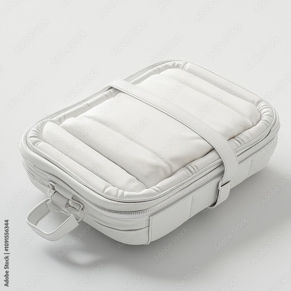 Elegant white duffel bag with padded texture and strap on minimalist background Elegant white duffel bag with padded texture and strap on minimalist background