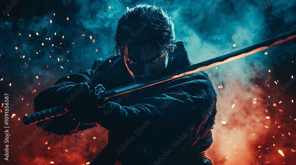 Fototapeta premium A striking image of a fierce warrior wielding a sword amidst a dramatic backdrop of fire and smoke, embodying power and intensity in the heat of battle.