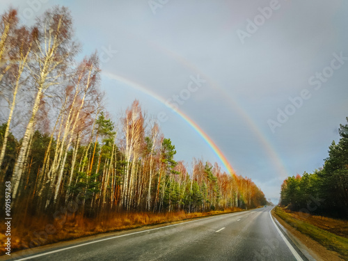 A serene forest road bordered by trees under a vibrant rainbow arching across a cloudy sky. Perfect for nature, travel, or weather-themed visuals. No visible logos or trademarks. photo