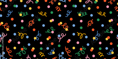 Seamless pattern of confetti and polka dots on a black background. New year dark backdrop. Christmas backdrop. Perfect for festive celebrations, ads, cards, and wrapping paper. Carnaval Party.