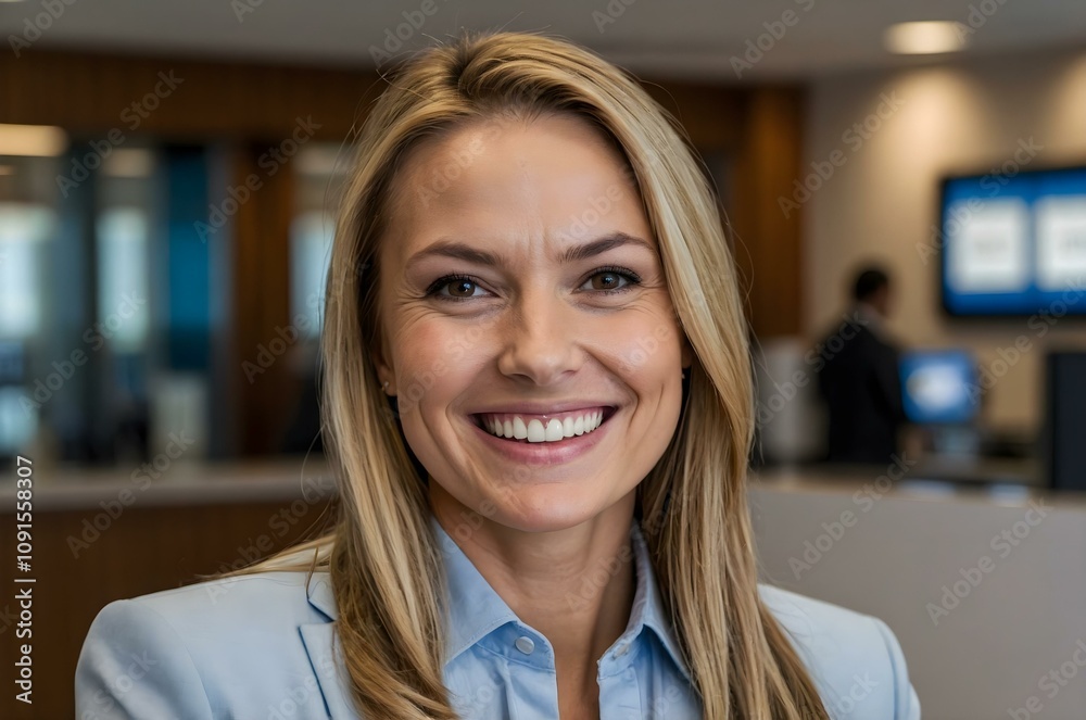 Smiling woman working in a bank, sitting confidently at a modern banking counter. Ideal for bank stock photos and financial service imagery. Smiling woman working in a bank, sitting confidently at a modern banking counter. Ideal for bank stock photos and financial service imagery.