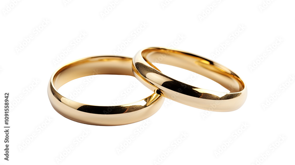Golden couple rings on white background. Telephoto lens photography Realistic daylight