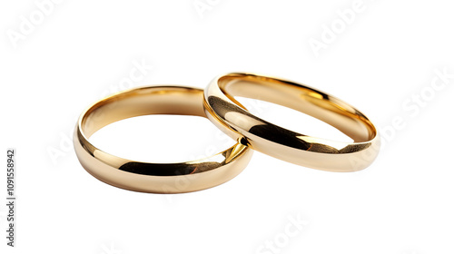 Golden couple rings on white background. Telephoto lens photography Realistic daylight