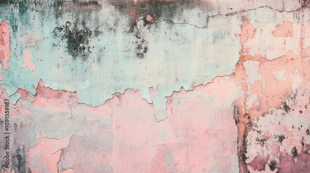 Fototapeta premium Peeling paint reveals layers of color on a weathered wall, creating a textured backdrop with a blend of pastel pink, green, and gray tones, showcasing the effects of time and decay