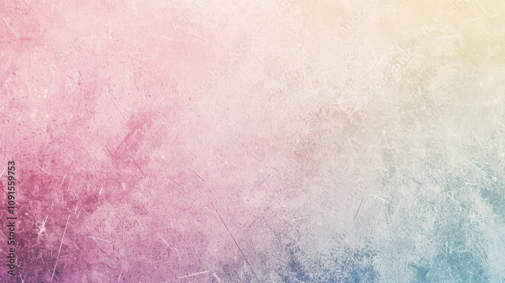 Fototapeta premium Gradient background going from pink to light yellow to light blue featuring a grunge texture with scratches and dust particles