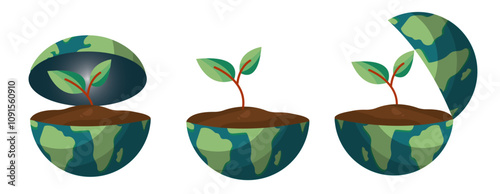 Earth and Plant set isolated on transparent background. symbolizing sustainability, environmental growth, and ecological balance. Eco-Friendly Earth Shoots, Sustainable Growth Concept. Vector png