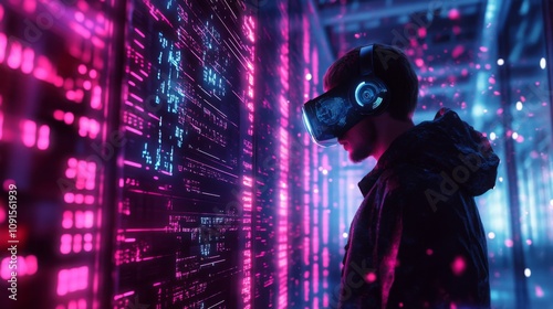 A person wearing a virtual reality headset stands immersed in a colorful digital environment.