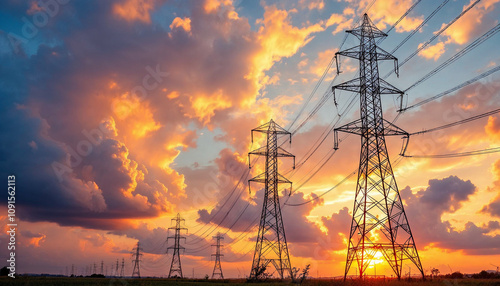 Electric power transmission towers silhouetted against a dramatic sunset sky.

