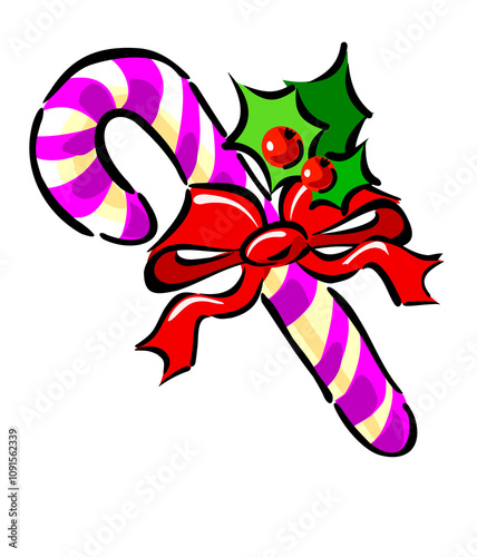 Candy cane with holly Christmas emblem