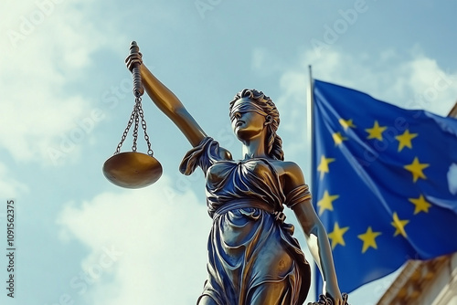 tatue of the blindfolded goddess of justice Themis or Justitia, against an European flag, as a legal concept	
 photo