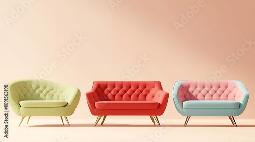 カラフルでレトロなデザインのソファセット | Colorful Retro Sofa Set with Vibrant Design photo