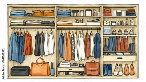 Illustration of a fashionable wardrobe: shoes, bags and accessories