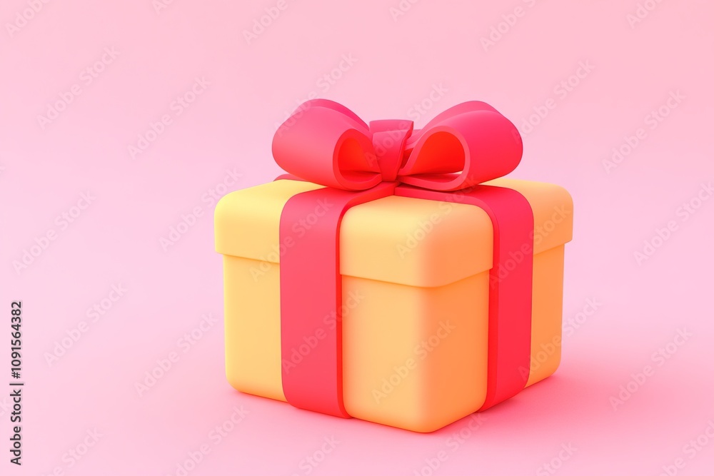 Obraz premium Bright yellow gift with red bow on pink background