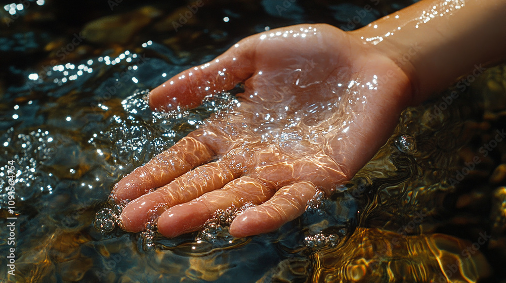 Fototapeta premium Close-up Hand in Crystal Clear Water showcasing the clarity of the water 