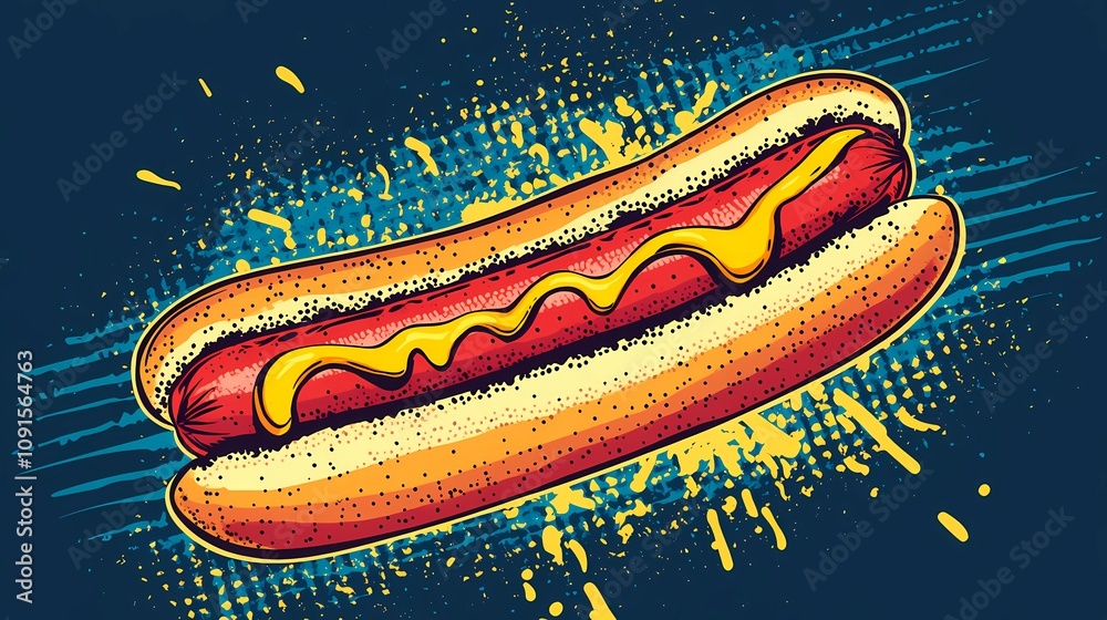 Obraz premium Vibrant hot dog-focused background, with ketchup and mustard accents, perfect for fast-food product marketing campaigns