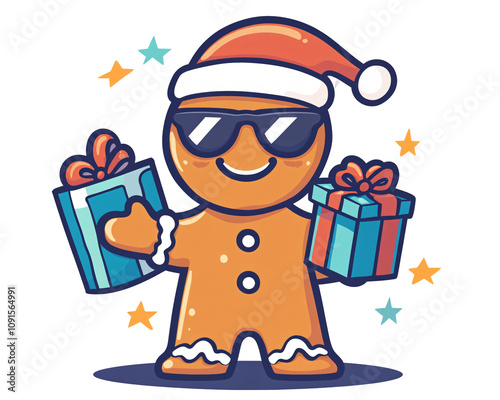 cartoon gingerbread man wearing sunglasses and holding presents