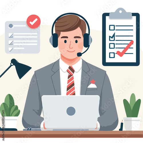 Flat illustration of operator of call center agent or customer service working in headphone and mic sitting at desk with laptop computer checklist and checkmark on a white background