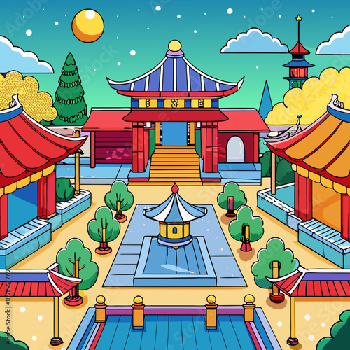 Colorful Cartoon-Like Asian-Style Courtyard