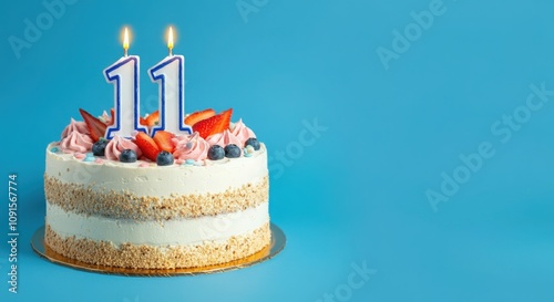 Birthday or anniversary cake with number 11 candle on blue background, perfect for eleventh birthday or anniversary celebrations and special events  