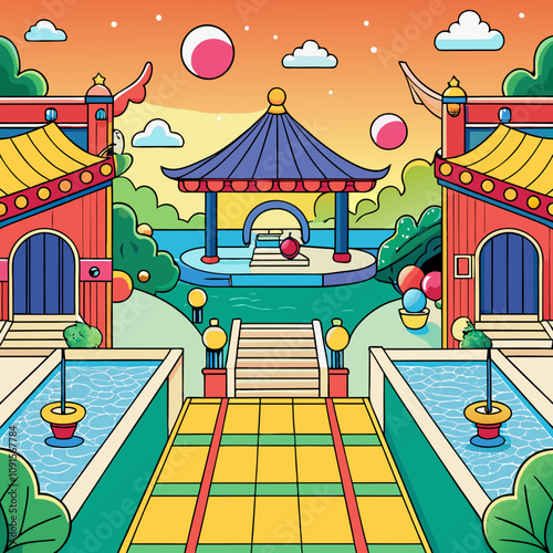 Colorful Cartoon-Like Asian-Style Courtyard