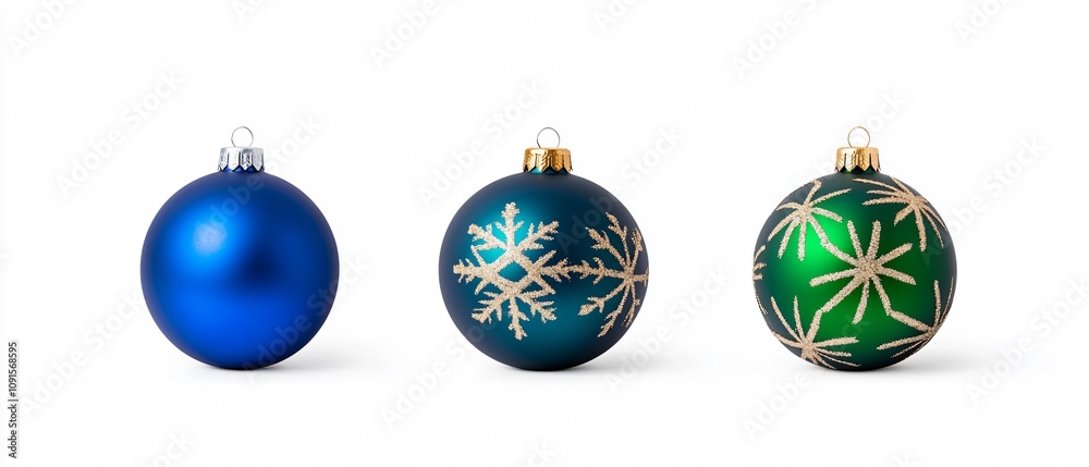 Three decorative Christmas ornaments in blue, green, and a patterned design, ideal for festive holiday decorations. Three decorative Christmas ornaments in blue, green, and a patterned design, ideal for festive holiday decorations.