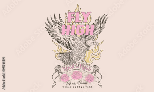 Rock and roll graphic print design for apparel, stickers, posters and background. American eagle. Fly high artwork. Freedom forever. Rock star design. Eagle fly vector artwork for t shirt and others. 
