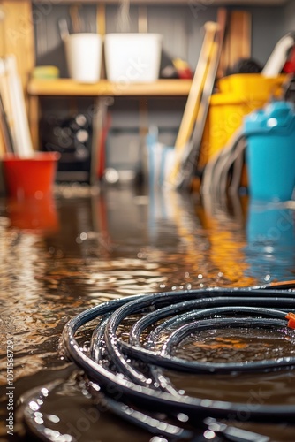 A flooded basement cleanup scene, emphasizing the challenges of water damage due to snowmelt or burst pipes, with selective focus on cables. photo