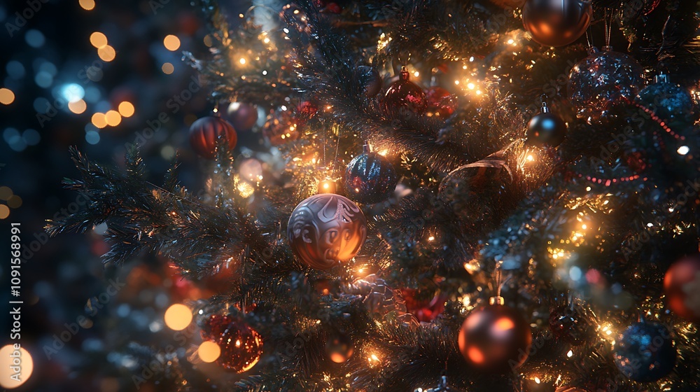 Decorated Christmas Tree With Warm Lights And Ornaments Decorated Christmas Tree With Warm Lights And Ornaments