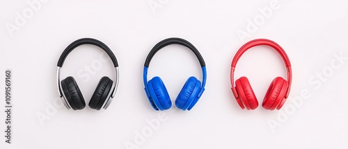 Three pairs of headphones in black, blue, and red arranged on a white background, showcasing vibrant colors and sleek design. photo