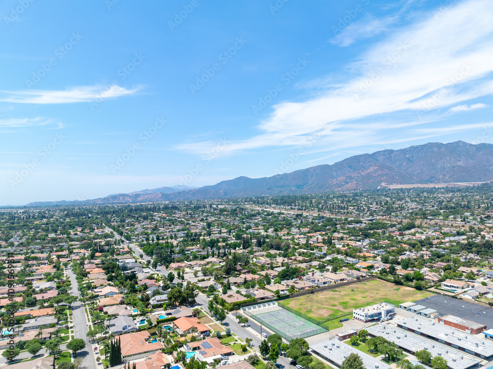 Aerial view of Upland city in San Bernardino County, California, on the border with neighboring Los Angeles County.