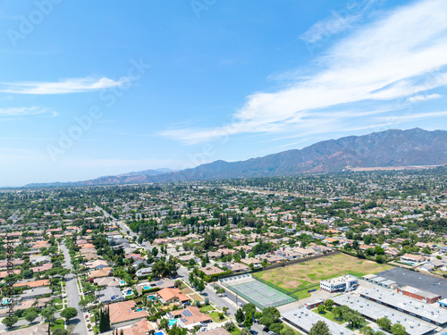 Aerial view of Upland city in San Bernardino County, California, on the border with neighboring Los Angeles County.  photo