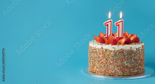 Birthday or anniversary cake with number 11 candle on blue background, perfect for eleventh birthday or anniversary celebrations and special events  