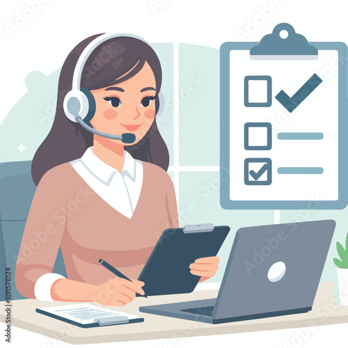 Flat illustration of operator of call center agent or customer service working in headphone and mic sitting at desk with laptop computer checklist and checkmark on a white background