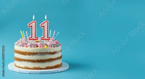 Birthday or anniversary cake with number 11 candle on blue background, perfect for eleventh birthday or anniversary celebrations and special events  