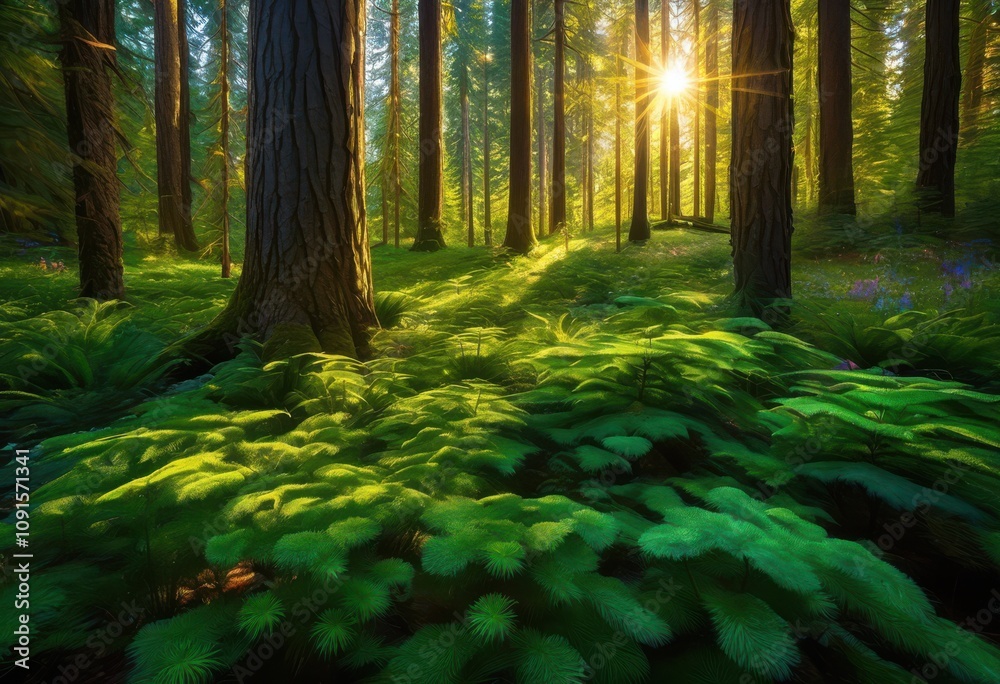 Obraz premium lush vibrant forest scenery showcasing sunlight play through capturing beauty colorful patterns, brightness, vibrance, trees, greenery, landscape, flora