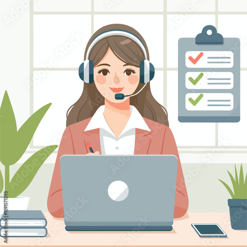 Flat illustration of operator of call center agent or customer service working in headphone and mic sitting at desk with laptop computer checklist and checkmark on a white background