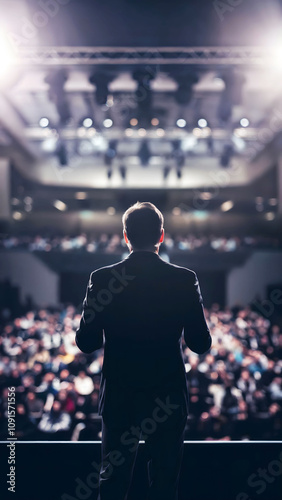 Speaker Delivering a Keynote Address on Stage to a Large Audience in a Packed Auditorium Under Bright Stage Lights