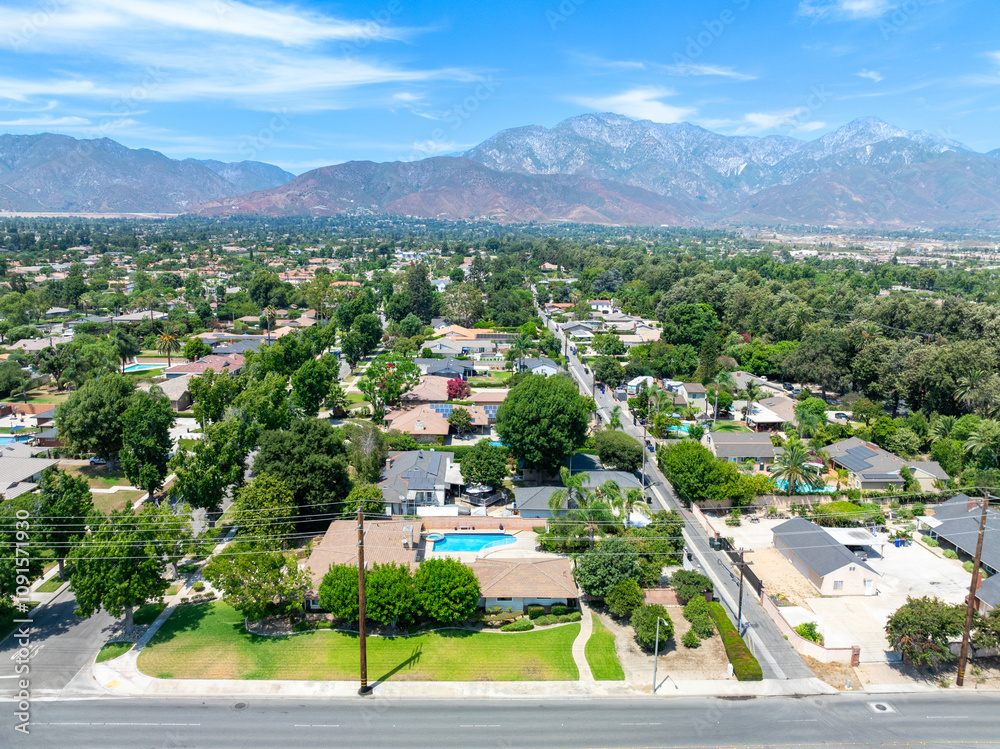 Aerial view of Upland city in San Bernardino County, California, on the border with neighboring Los Angeles County.