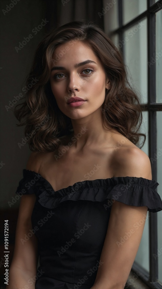Fototapeta premium Elegant woman in black off-shoulder dress sitting by a window with natural light