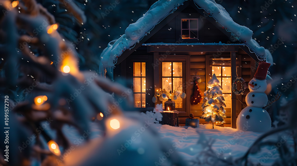 Obraz premium A cozy winter cabin lit by Christmas lights, with a snowman outside and a warmly glowing window showing a family celebrating around the Christmas tree