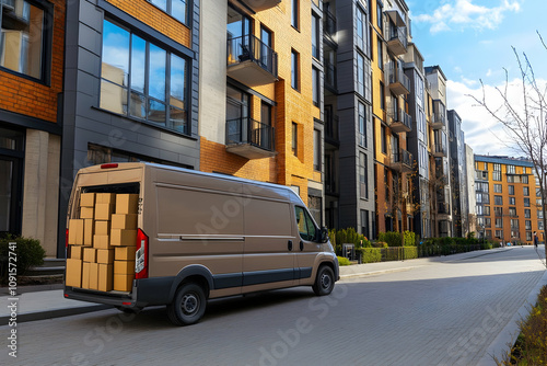 A delivery van sits on a vibrant city street, surrounded by contemporary apartment buildings