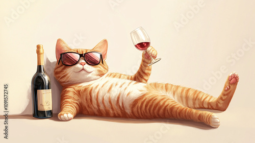 Playful Illustration of a Chubby Cat Lounging with Wine Bottles and Glasses in a Humorous and Whimsical Design photo