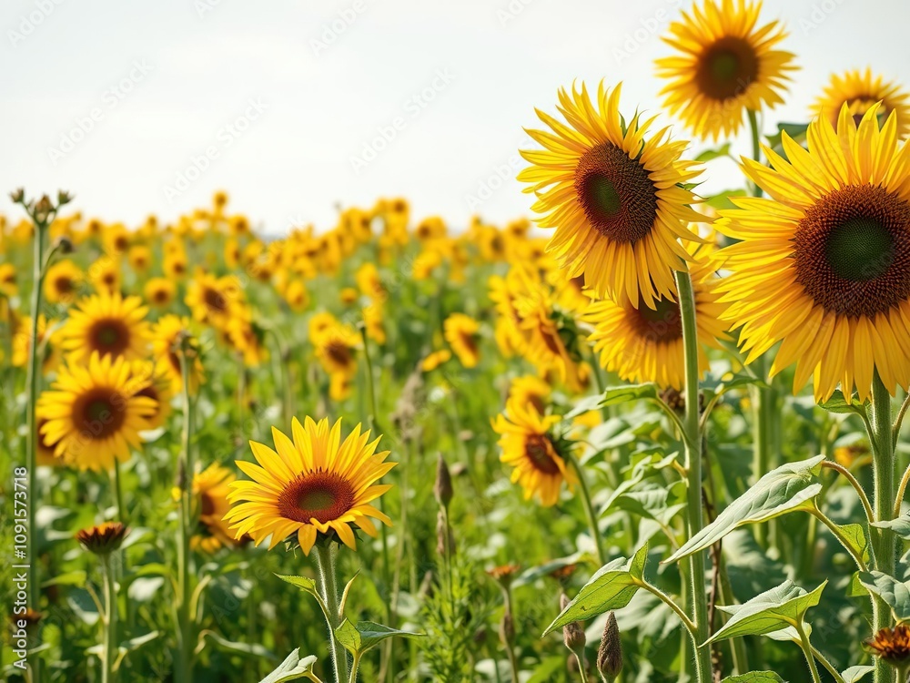 Fototapeta premium A beautiful meadow is filled with sunflowers that stretch towards the sky, their bright yellow petals shining like miniature suns, meadow, sunflowers, nature
