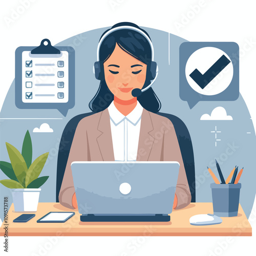 Flat illustration of operator of call center agent or customer service working in headphone and mic sitting at desk with laptop computer checklist and checkmark on a white background