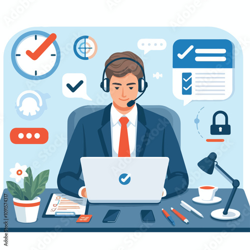 Flat illustration of operator of call center agent or customer service working in headphone and mic sitting at desk with laptop computer checklist and checkmark on a white background