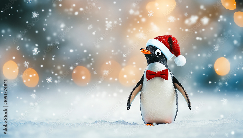 Fototapeta premium Adorable penguin wearing a Santa hat and bowtie, standing in snow with glowing bokeh lights in a festive winter setting. 